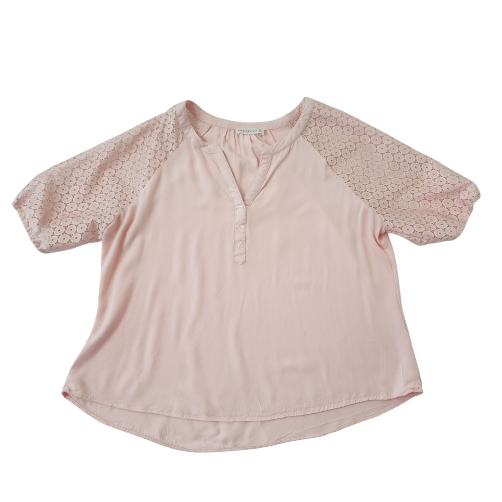 Retrology Pink Eyelet Lace Sleeve Henley Blouse XL Split Neck Short Sleeve Top